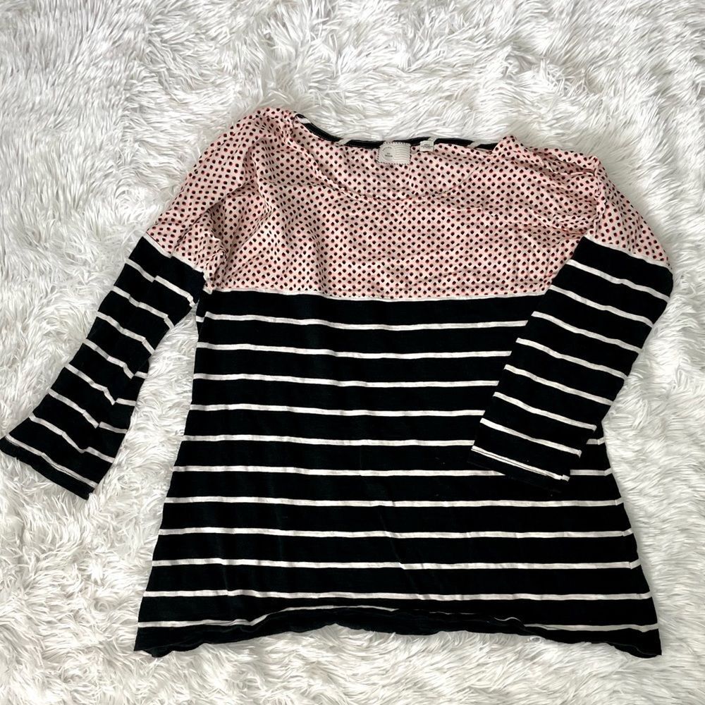 Anthropologie Pink Polka Dot and Black Striped Long Sleeve Top